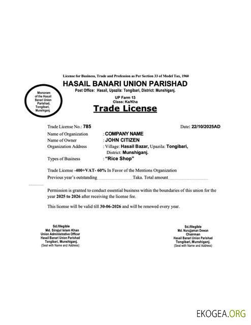 Modèle Word et PDF de licence commerciale de Munshiganj pour le Bangladesh